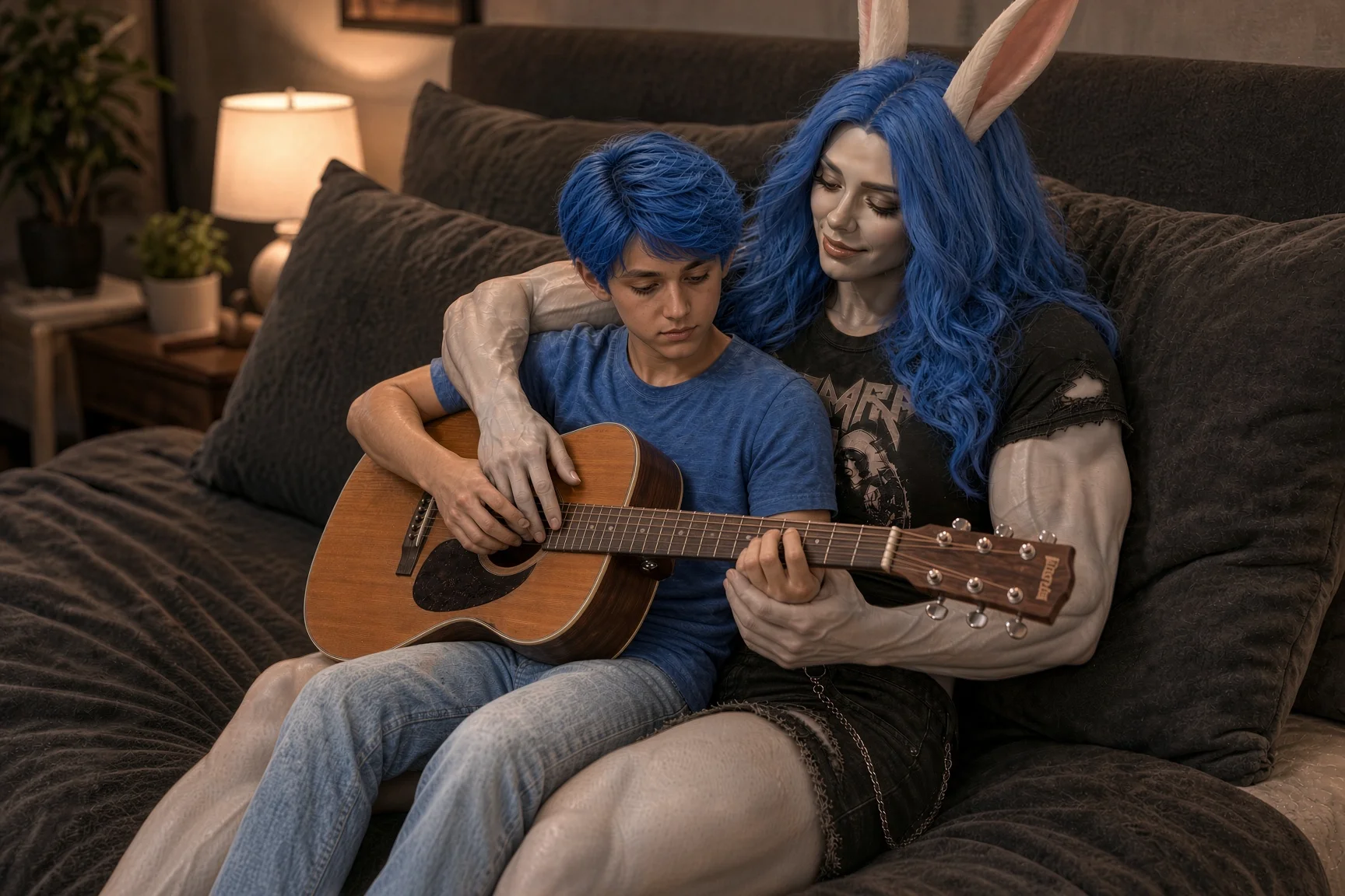 Brigitte teaching Ray guitar